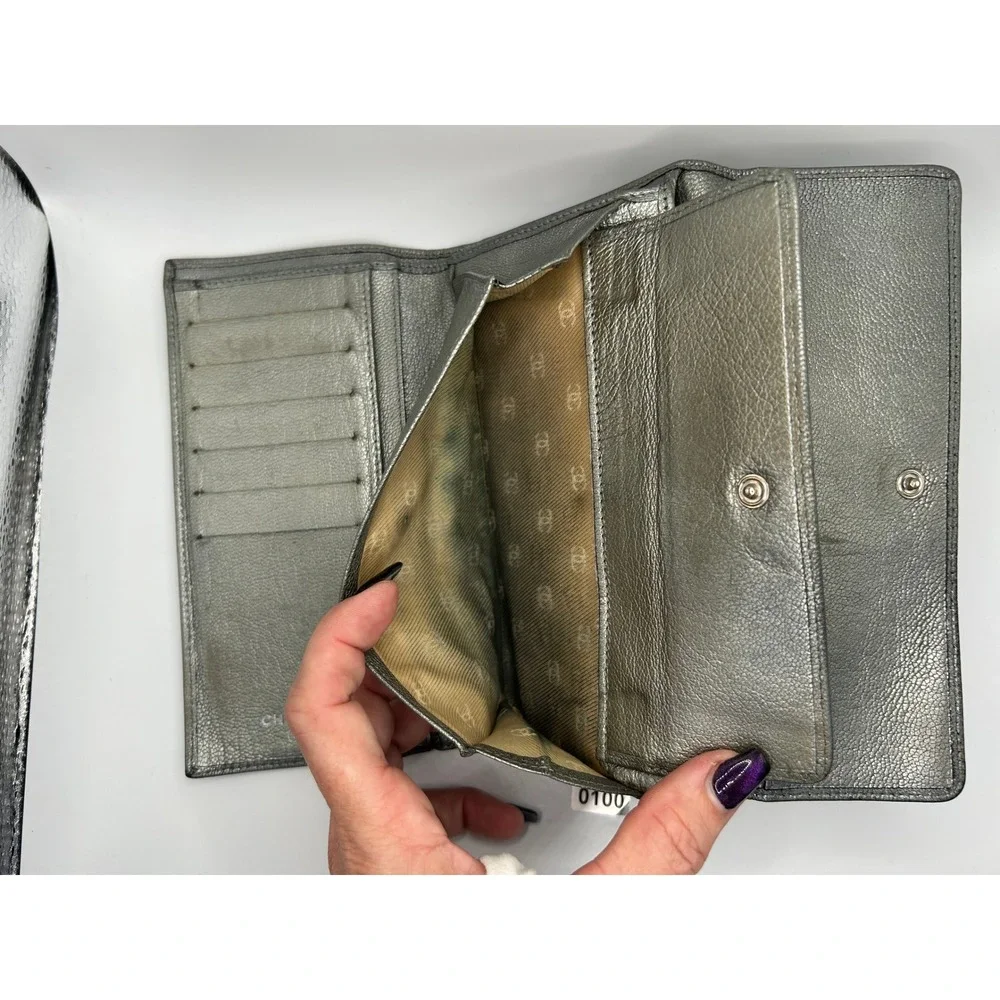 Chanel metallic grey Leather Wallet CC Logo COA card Included#100‎